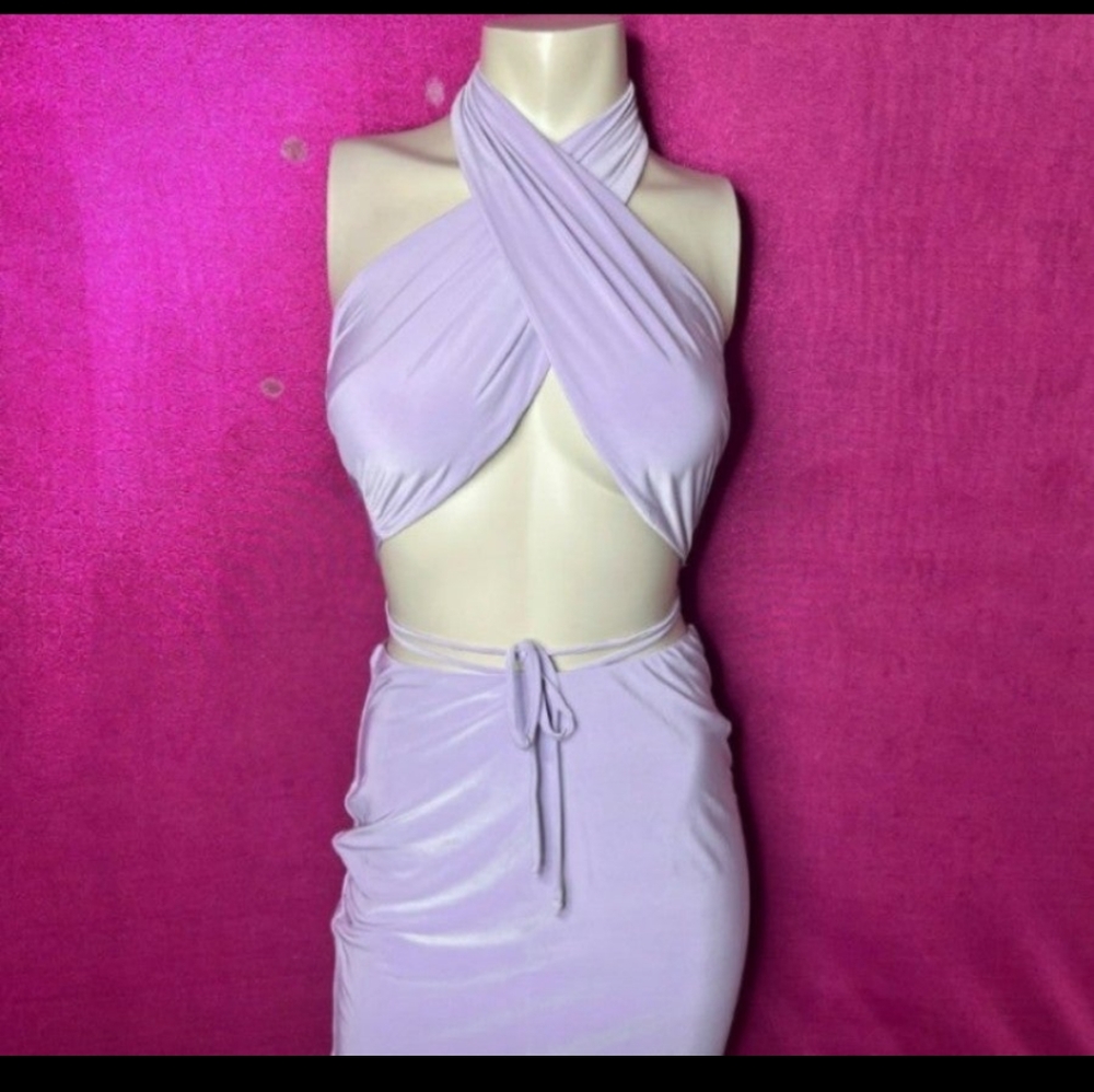 🆕Purple Lilac Sexy Two Piece Open Front Halter Top & Skirt Dress Set    Size M - Picture 7 of 13